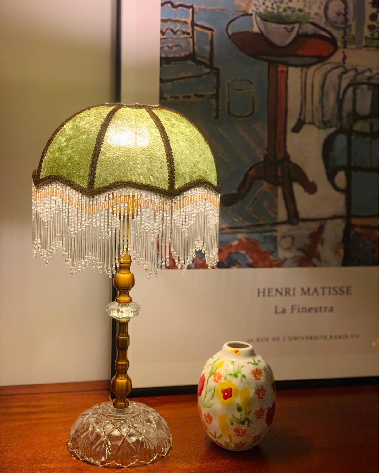 Victorian Table Lamp  Green Velvet Crystal Fringe Shade - Product detail 15