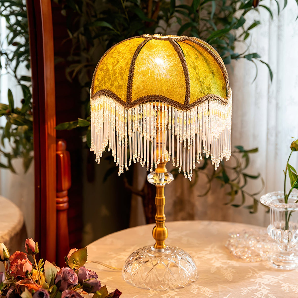 Victorian Table Lamp  Green Velvet Crystal Fringe Shade - Product example