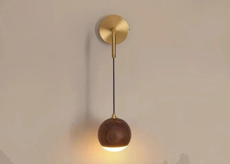 Modern Wall Sconce  Walnut Wood Globe with Brass Stem - Product detail 4