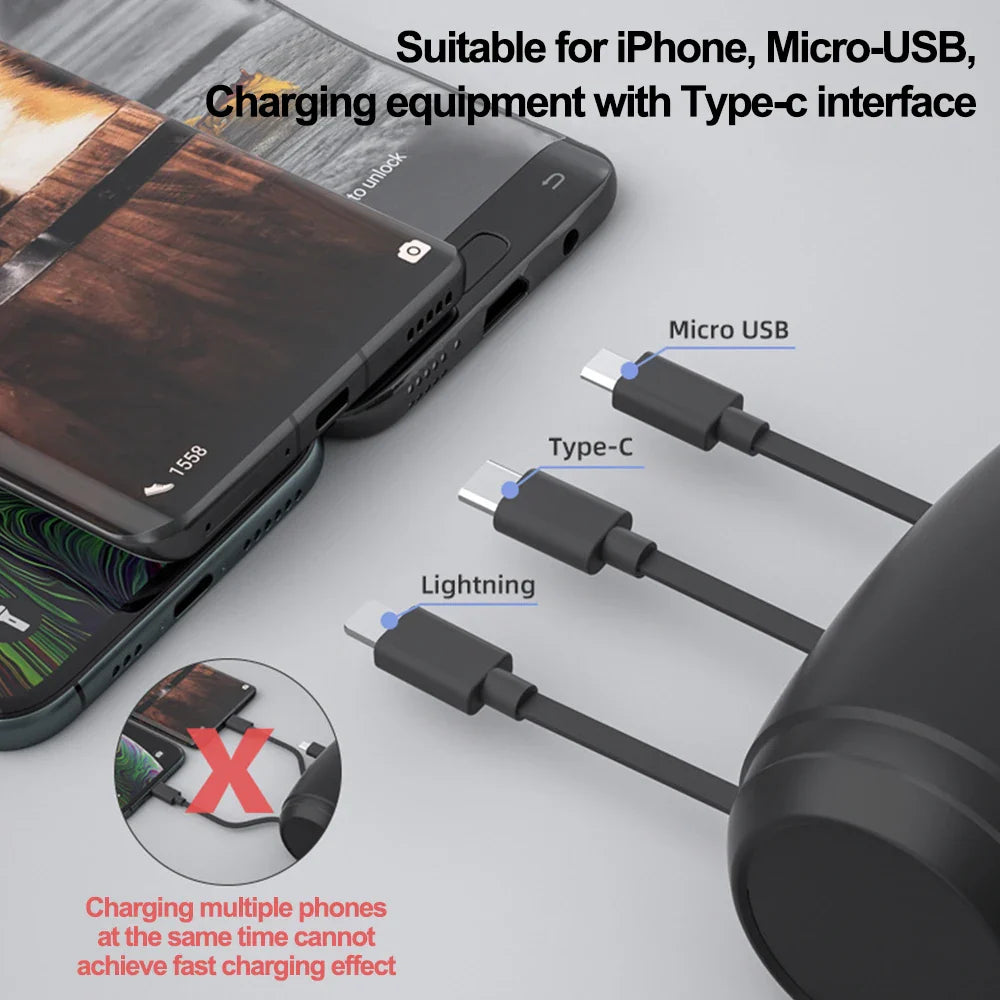 Multi-Port Car Charger  3-in-1 Retractable Fast Charging Hub - Detailed view
