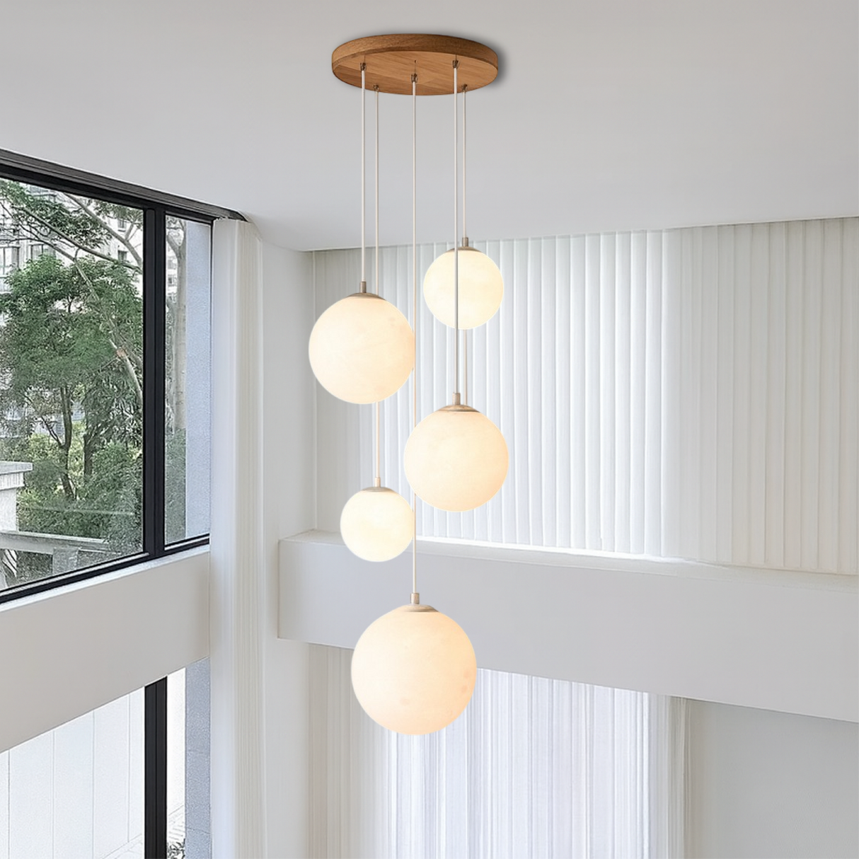 Scandinavian Staircase Chandelier  Floating Glass Sphere Cluster - Detailed view