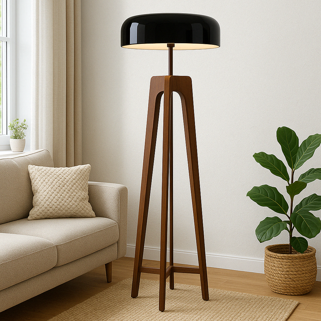 Modern Floor Lamp  Walnut Tripod Base with Black Dome Shade - Product showcase