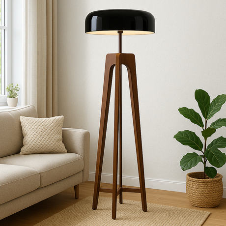 Modern Floor Lamp  Walnut Tripod Base with Black Dome Shade - Product showcase