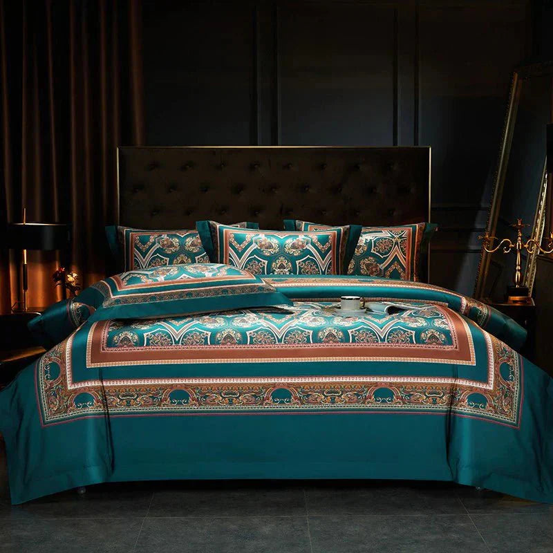 Luxury Egyptian Cotton Duvet Set  Teal Arabesque Pattern - Product showcase
