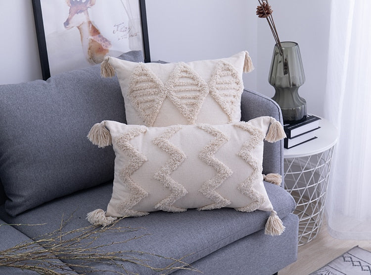 Boho Cotton Throw Pillows  Tufted Geometric Pattern With Tassels - Product detail 9