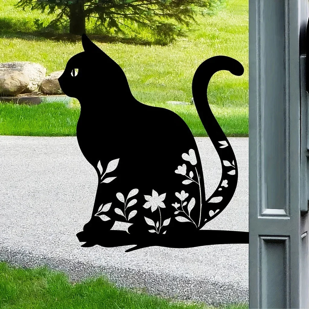 Metal Garden Cat Decor  Floral Silhouette Design - Product example