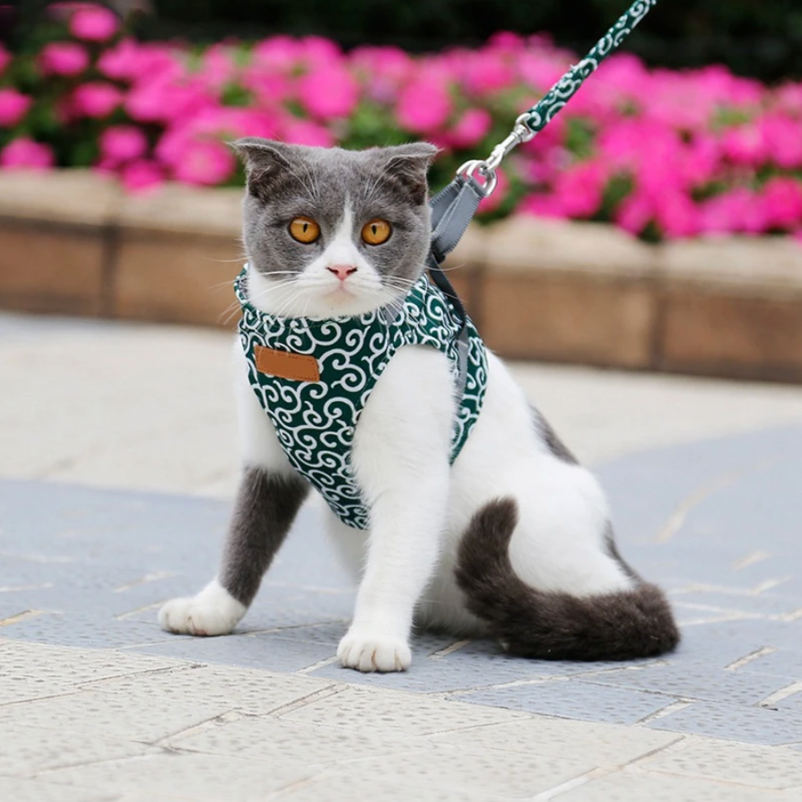 Japanese Pattern Cat Harness  Navy Blue Wave Design With Leash - Detailed view