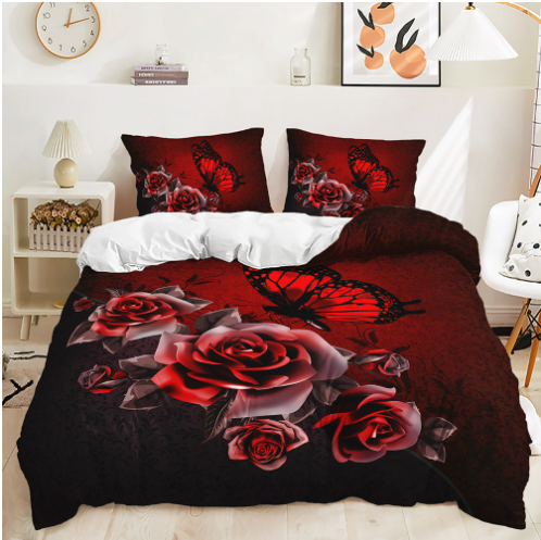 Floral Duvet Cover Set  Red Rose Butterfly Print - Product showcase