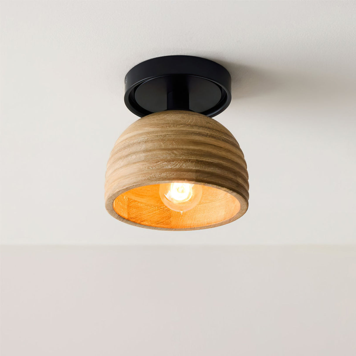 Modern Wood Ceiling Light  Ribbed Dome Design - Detailed view