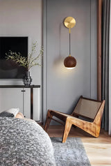 Modern Wall Sconce  Walnut Wood Globe with Brass Stem - Product detail 8