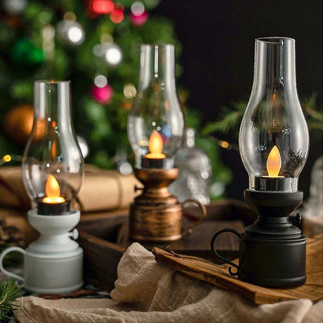 Vintage LED Oil Lamp  Battery Powered Glass Chimney Design - Product showcase