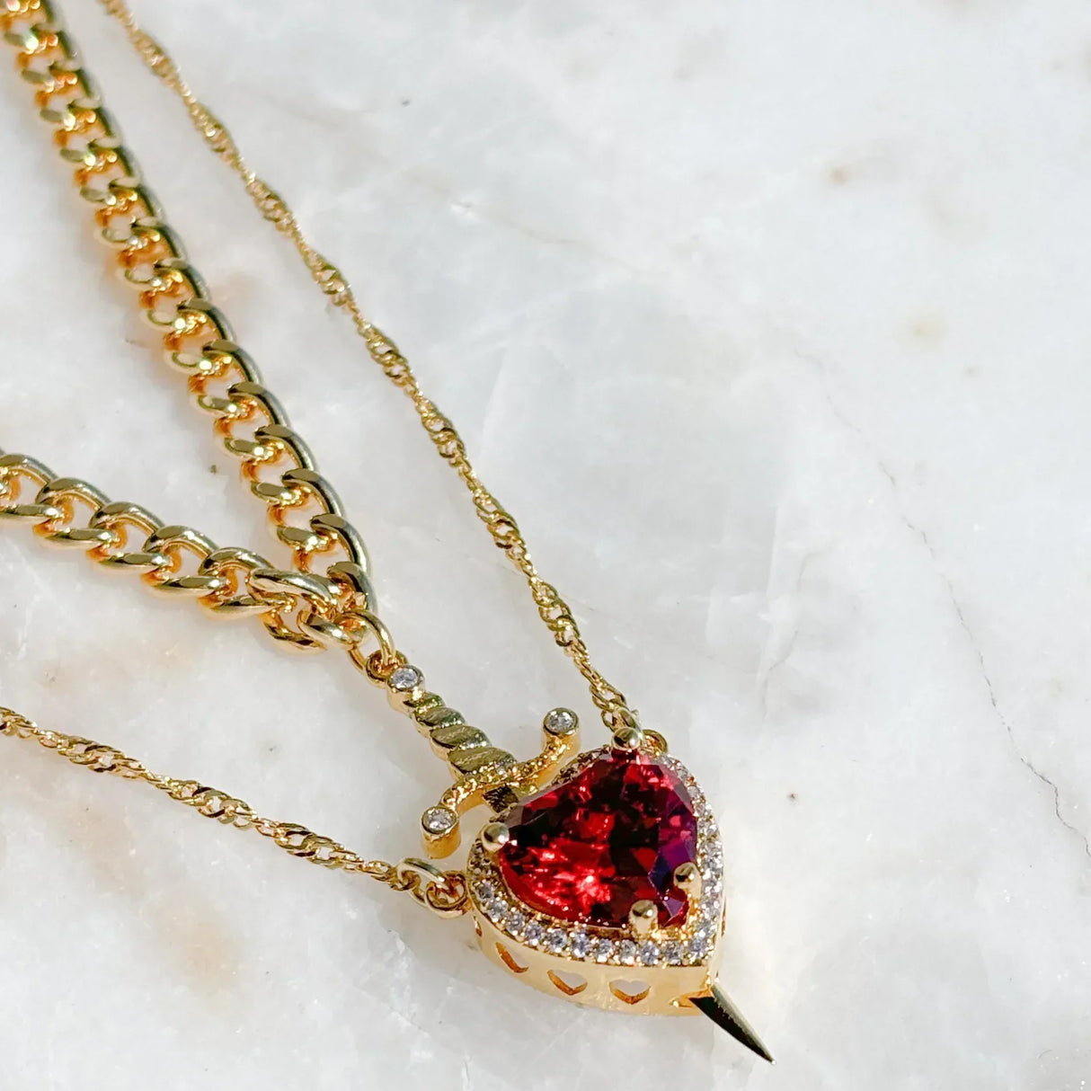 Romantic Pendant Necklace Set  Heart And Sword Design With Crystal Accents - Product detail 5