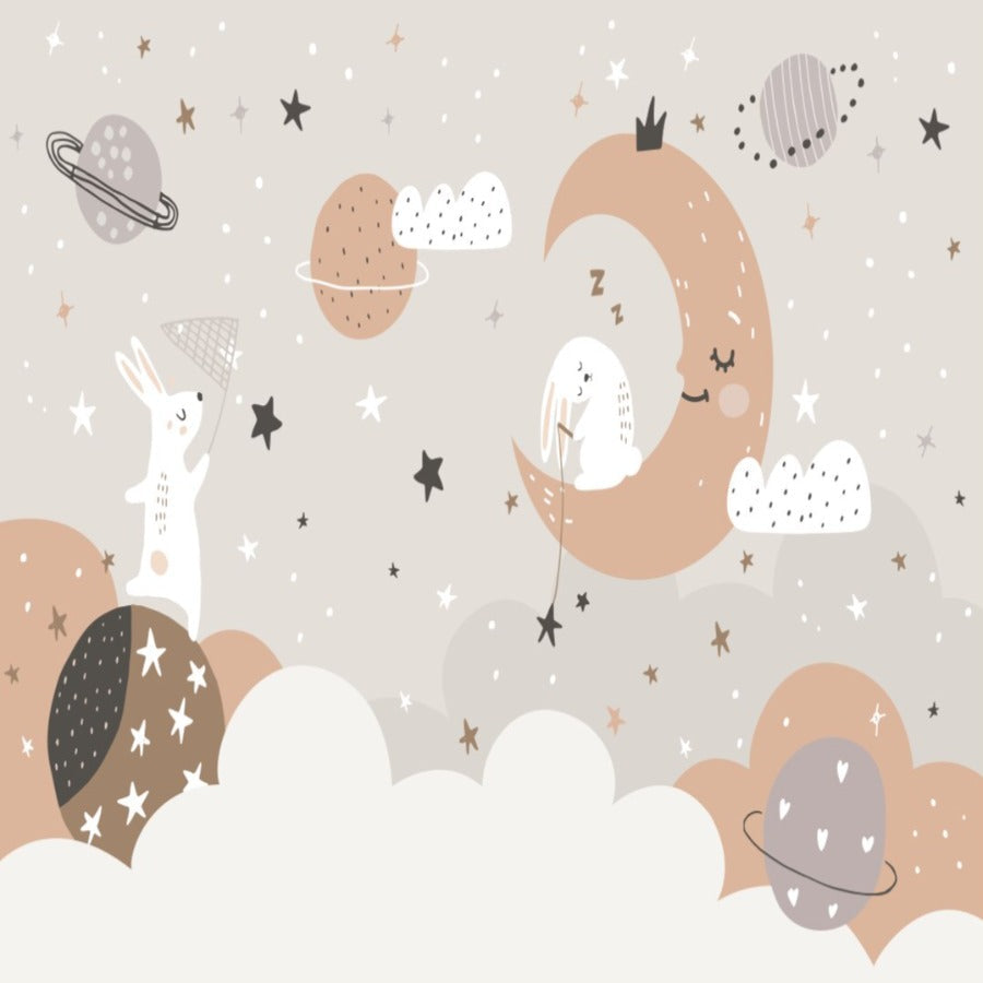 Kids Mural Wallpaper | Dreamy Bunny and Moon Space Design
