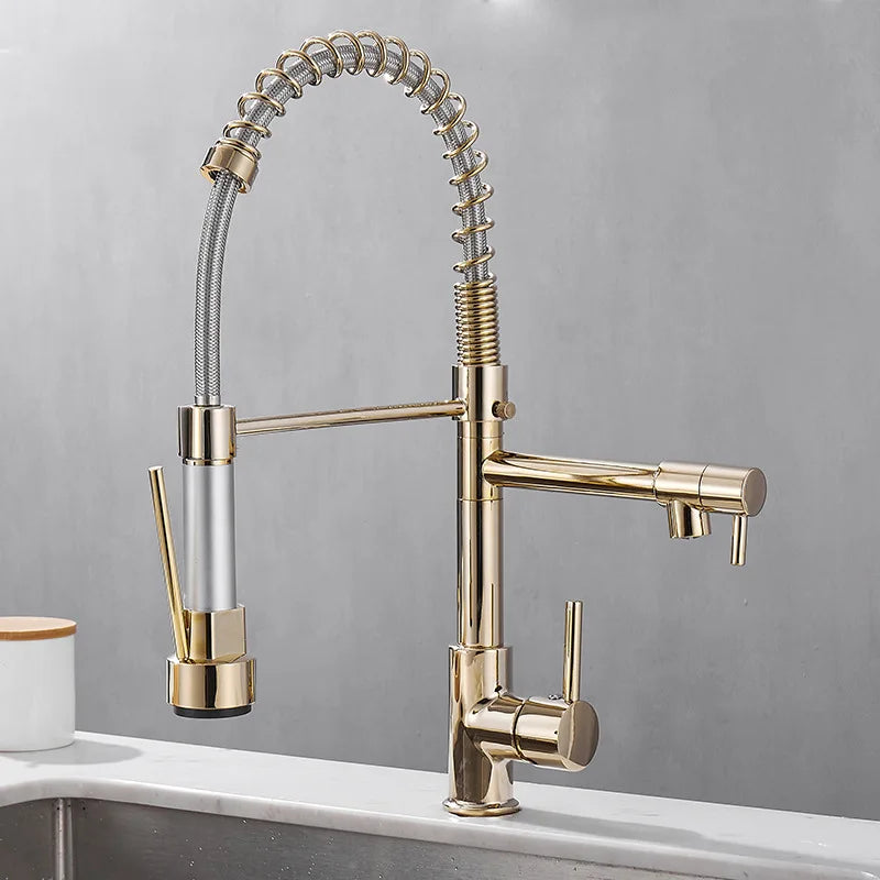 Professional Kitchen Faucet  Spring Pull Down Design Gold Brass Finish - Product showcase