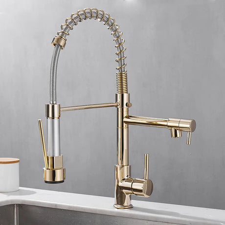 Professional Kitchen Faucet  Spring Pull Down Design Gold Brass Finish - Product showcase