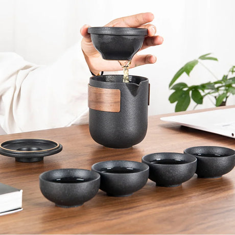 Traditional Ceramic Tea Set  Portable Kung Fu Design With Wood Accent - Product showcase
