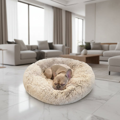 Plush Dog Bed  Round Raised Edge Calming Design - Product showcase