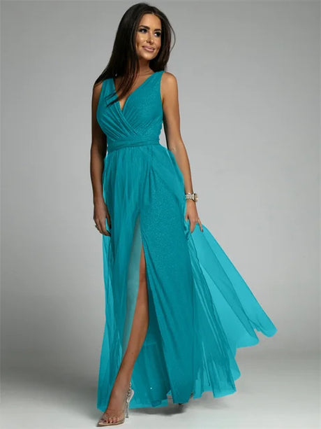 Evening Gown Maxi Dress  V-Neck Split Mesh Design - Product detail 13