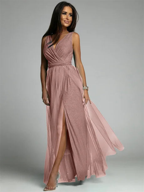 Evening Gown Maxi Dress  V-Neck Split Mesh Design - Product showcase