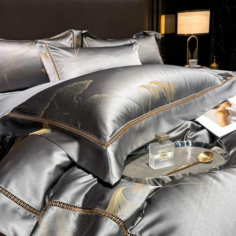 Luxury Egyptian Cotton Bedding Set  Silver Satin With Gold Accents - Product detail 6