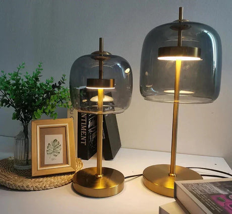 Modern Table Lamp  Smoke Glass Dome with Brass Stand - Product showcase