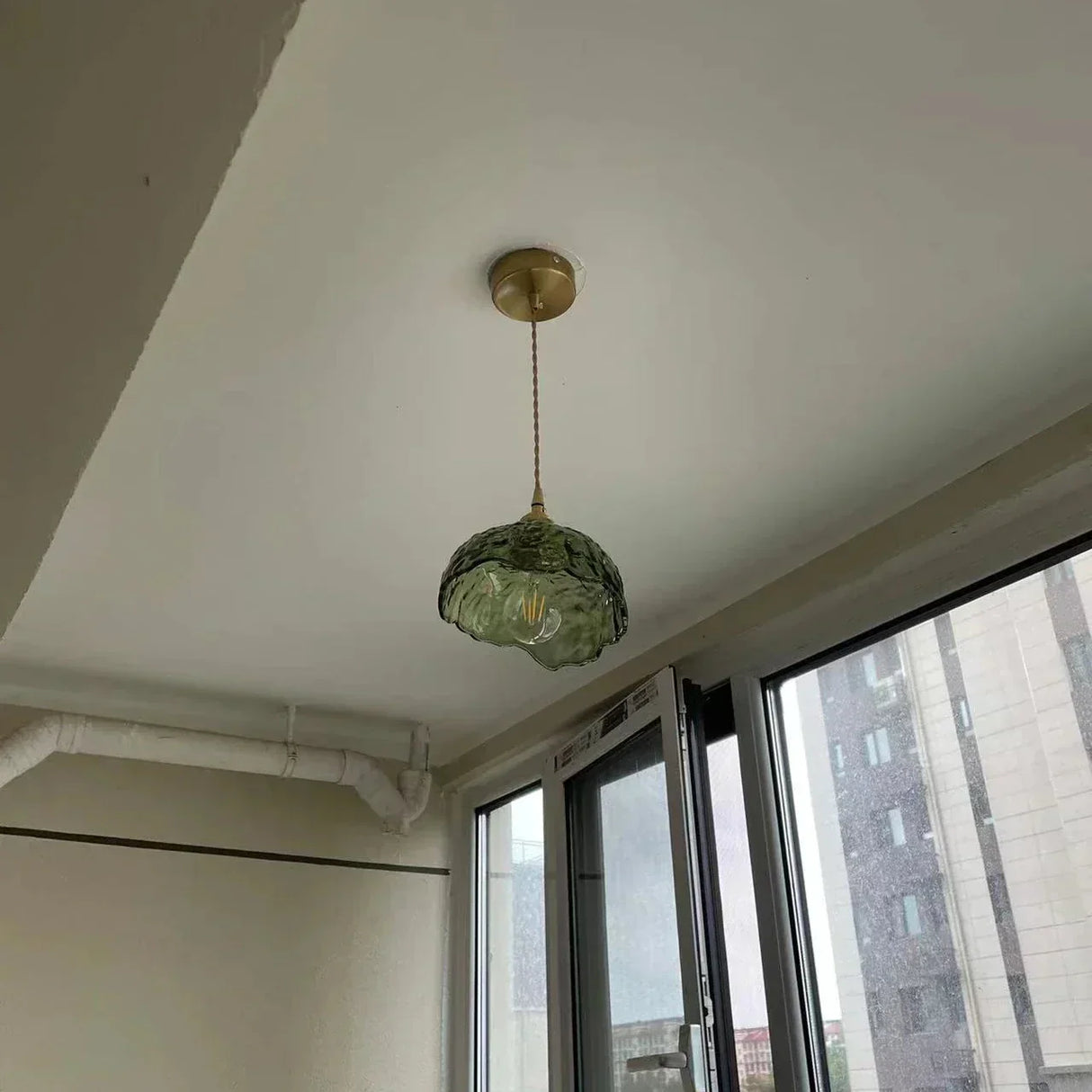 Green Glass Pendant Light  Rippled Brass Fixture - Product detail 12