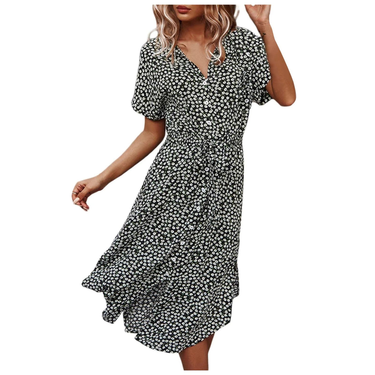 Floral Summer Maxi Dress  Button-Front V-Neck Design - Detailed view