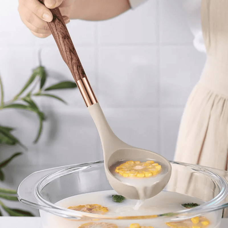 Silicone Kitchen Utensil Set  Wood Handle Rose Gold Accents - Product detail 4