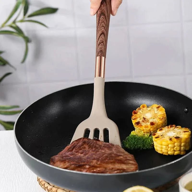 Silicone Kitchen Utensil Set  Wood Handle Rose Gold Accents - Product detail 5
