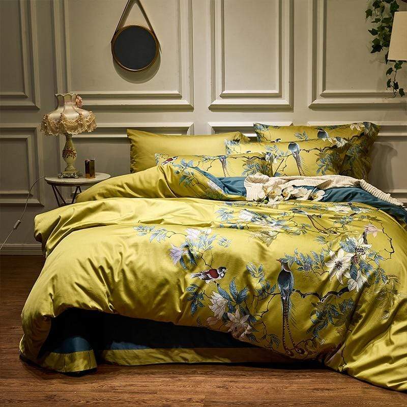 Luxury Egyptian Cotton Bedding  Bird Floral Pattern Yellow Duvet Set - Product showcase