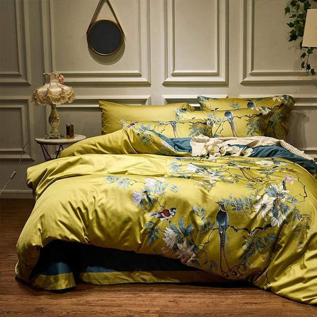 Luxury Egyptian Cotton Bedding  Bird Floral Pattern Yellow Duvet Set - Product showcase