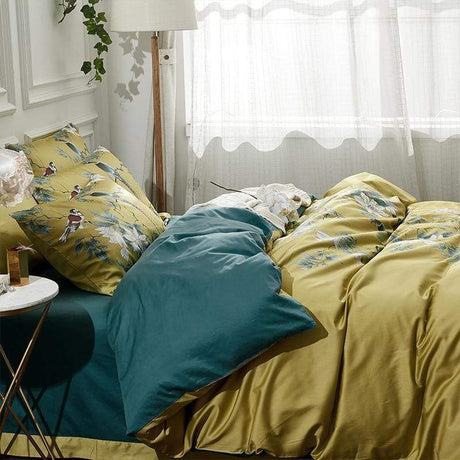 Botanical Cotton Pillowcase Set  Yellow Floral Print With Birds - Product detail 7