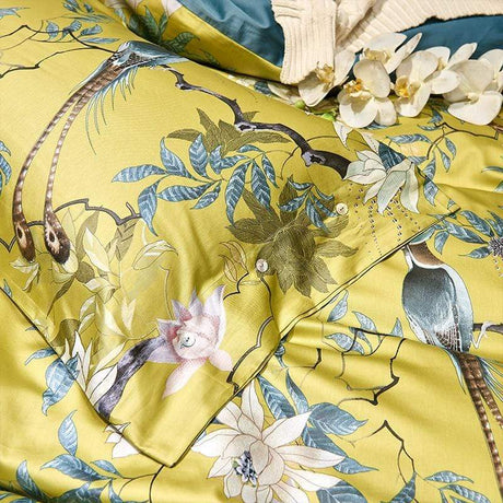 Botanical Cotton Pillowcase Set  Yellow Floral Print With Birds - Product showcase