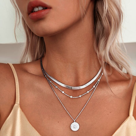 Layered Sterling Silver Necklace  Triple Chain Design with Pendant - Product showcase