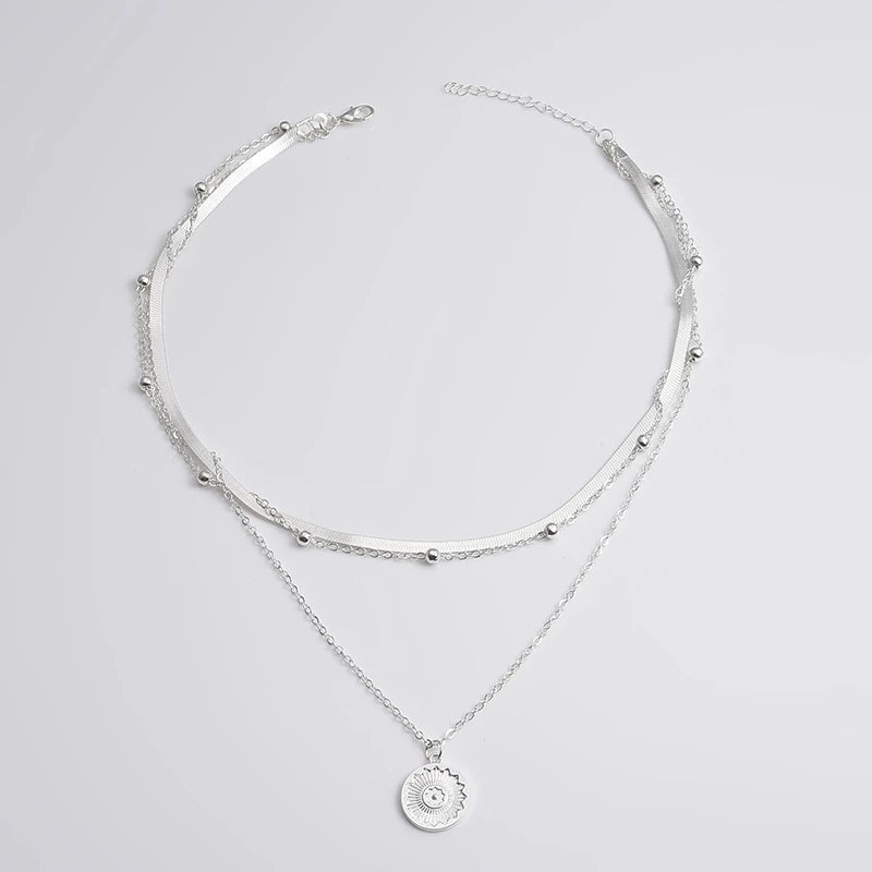 Layered Sterling Silver Necklace  Triple Chain Design with Pendant - Detailed view