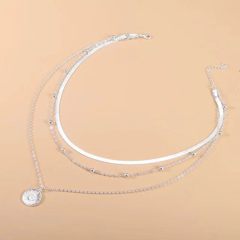 Layered Sterling Silver Necklace  Triple Chain Design with Pendant - Product example