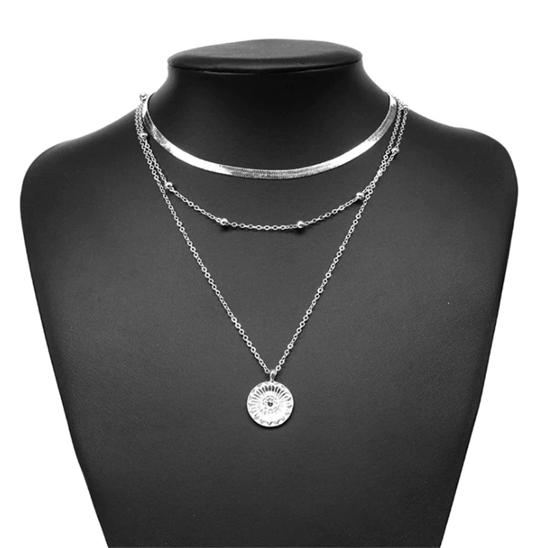 Layered Sterling Silver Necklace  Triple Chain Design with Pendant - Product detail 4