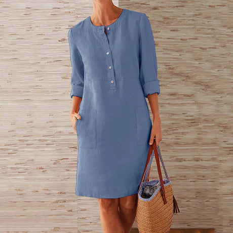 Linen Summer Shift Dress  Button-Front Roll-Up Sleeves - Product detail 11