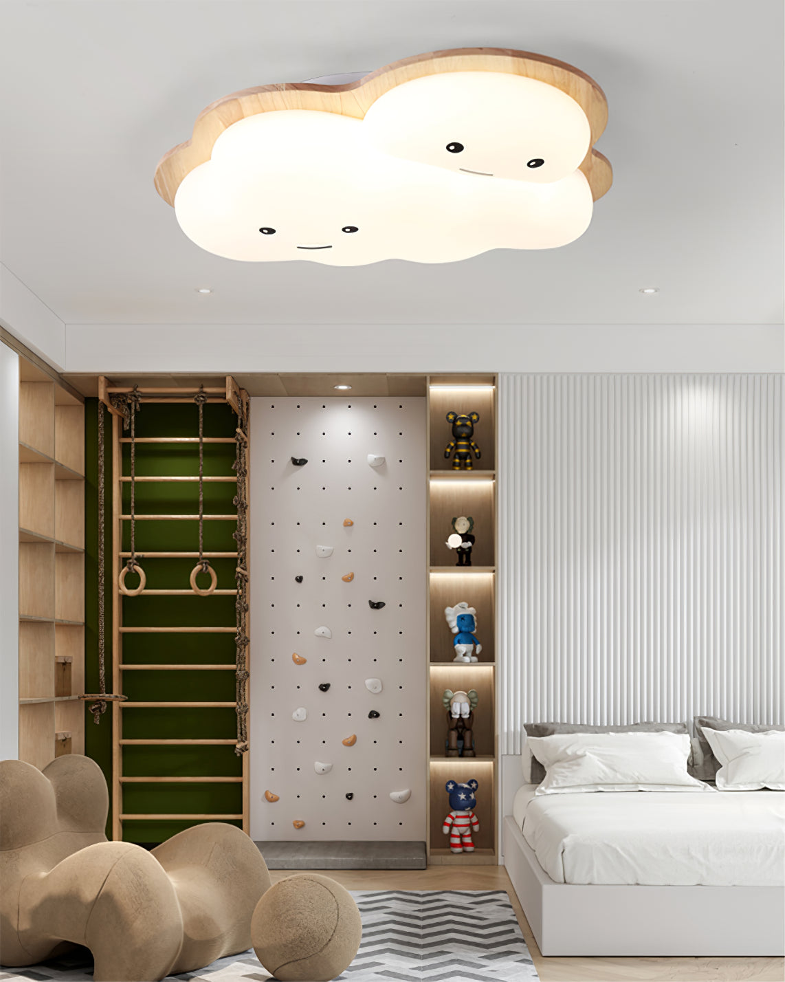 Kids Cloud Ceiling Light  Wooden Trim Smiling Design - Product example