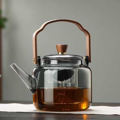 Glass Teapot with Wood Handle  Smoked Glass Tea Brewing Pot - Product showcase