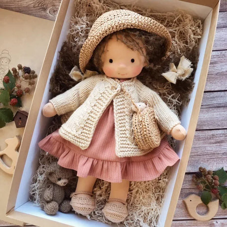 Waldorf Cotton Plush Doll  Handmade Knit Outfit with Gift Box - Product showcase