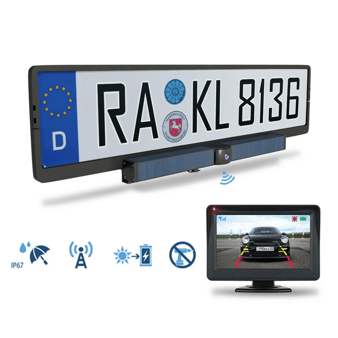 Wireless Solar Backup Camera  HD License Plate Frame with Monitor - Detailed view