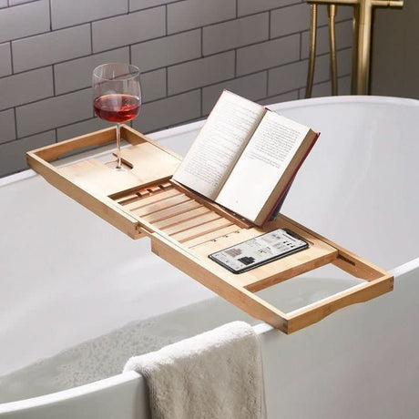 Bamboo Bathtub Caddy  Extendable Tray with Book and Wine Glass Holders - Product showcase