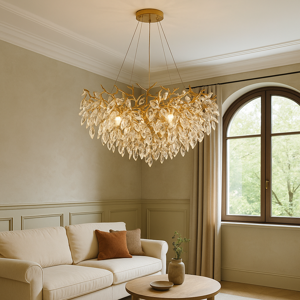 Modern Crystal Chandelier  Leaf-Shaped Glass Design - Detailed view