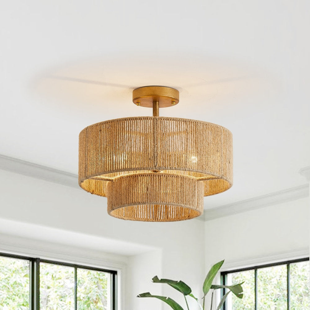 Natural Hemp Ceiling Light  Double Layer Rope Design - Detailed view