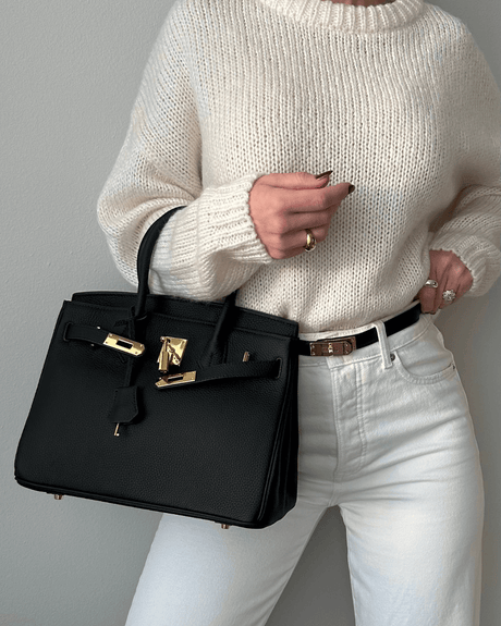 Classic Structured Handbag  Black Leather With Gold Hardware - Product showcase