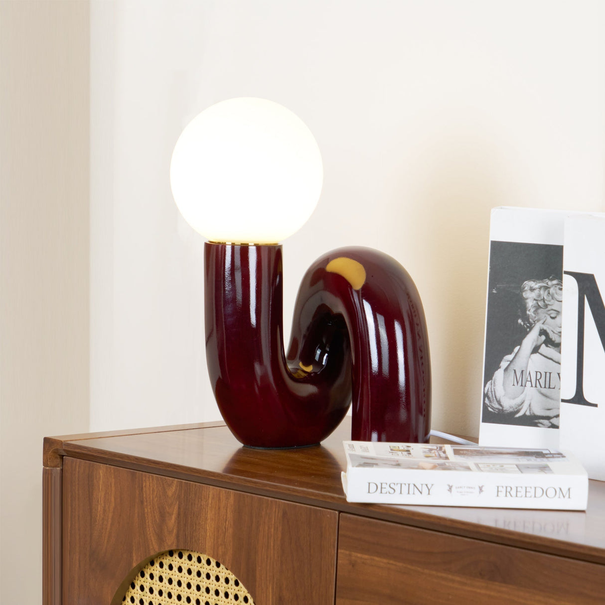 Modern Table Lamp  Curved Pink Resin with Glass Globe - Detailed view