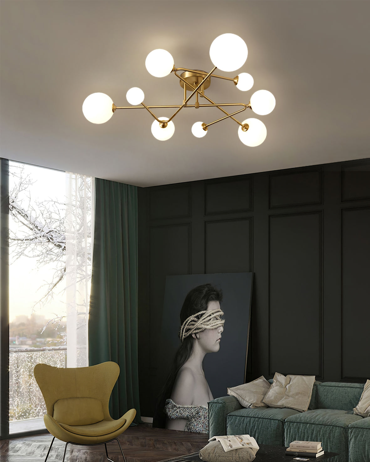 Modern Sputnik Ceiling Light  Brass Arms with Glass Globes - Product detail 5