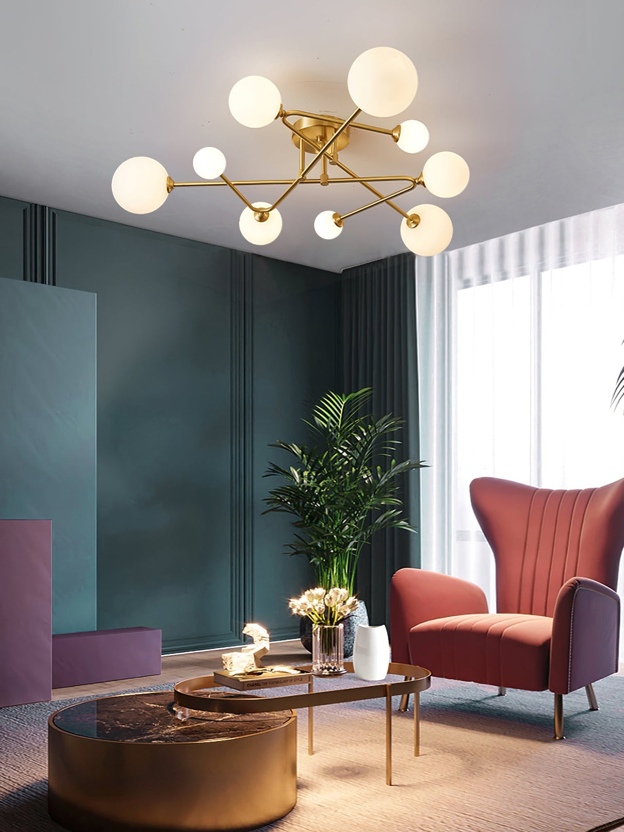 Modern Sputnik Ceiling Light  Brass Arms with Glass Globes - Product detail 8