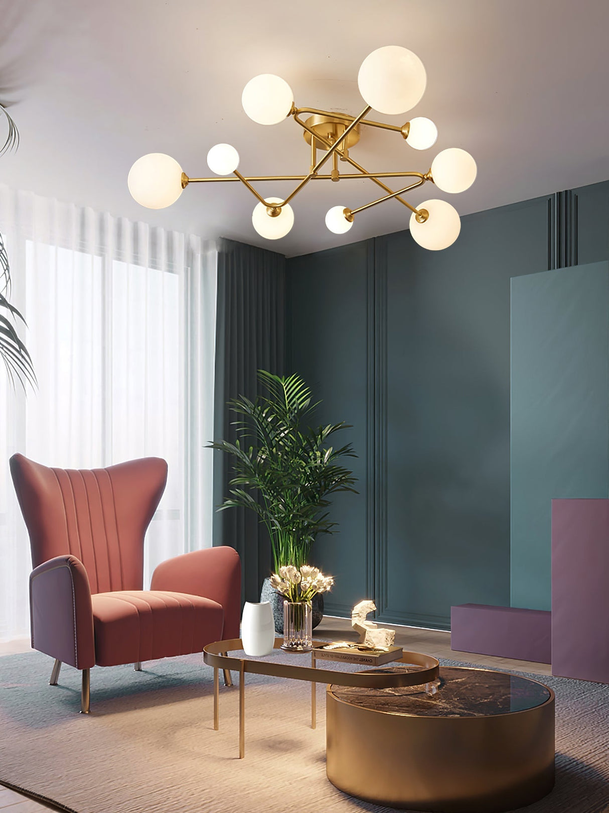 Modern Sputnik Ceiling Light  Brass Arms with Glass Globes - Product detail 9